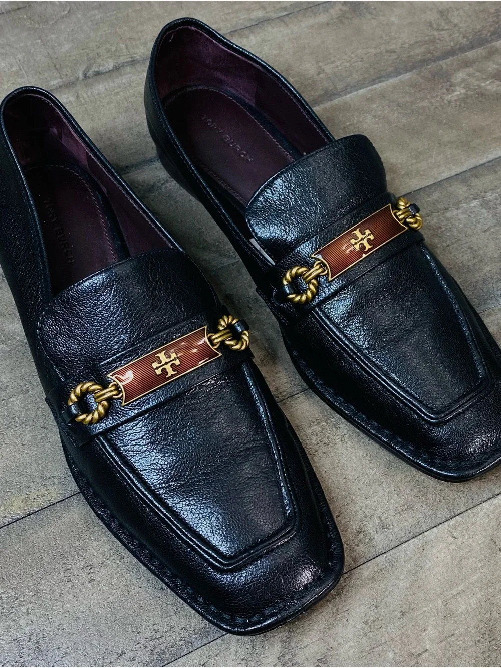 Tory Burch Size 9.5 Perrine Loafer Shoes Square Toe Logo Leather Perfect Black